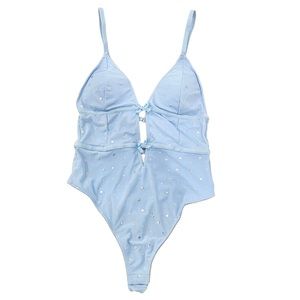 Forever21 Lingerie Rave Baby Blue Silver Stars Bow Clasp Bodysuit One Piece NEW